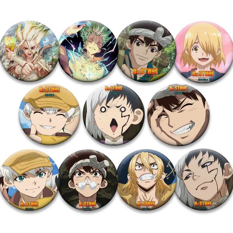 Аниме-«Доктор-Стоун»-круглые-броши-с-героями-мультфильмов-ishigami-senkuu-amber-kohaku-значок-сумка-аксессуары-декор-фанаты-коллекционные-подарки