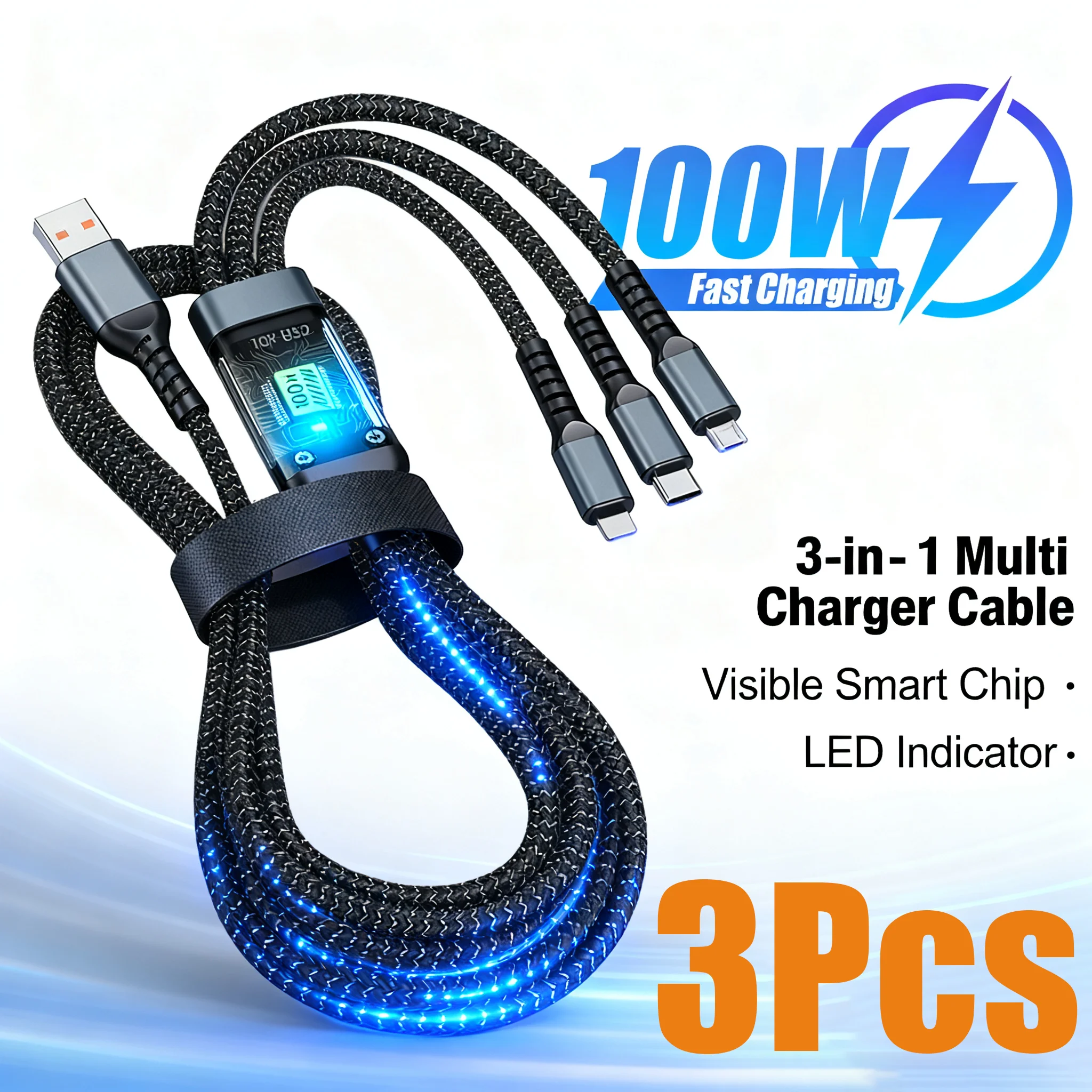 3 In 1 USB 100W Fast Charging Cable With Type-C Micro Multi Charger Nylon Braid Cord For iPhone 16 Oppo Huawei Xiaomi Data Cord