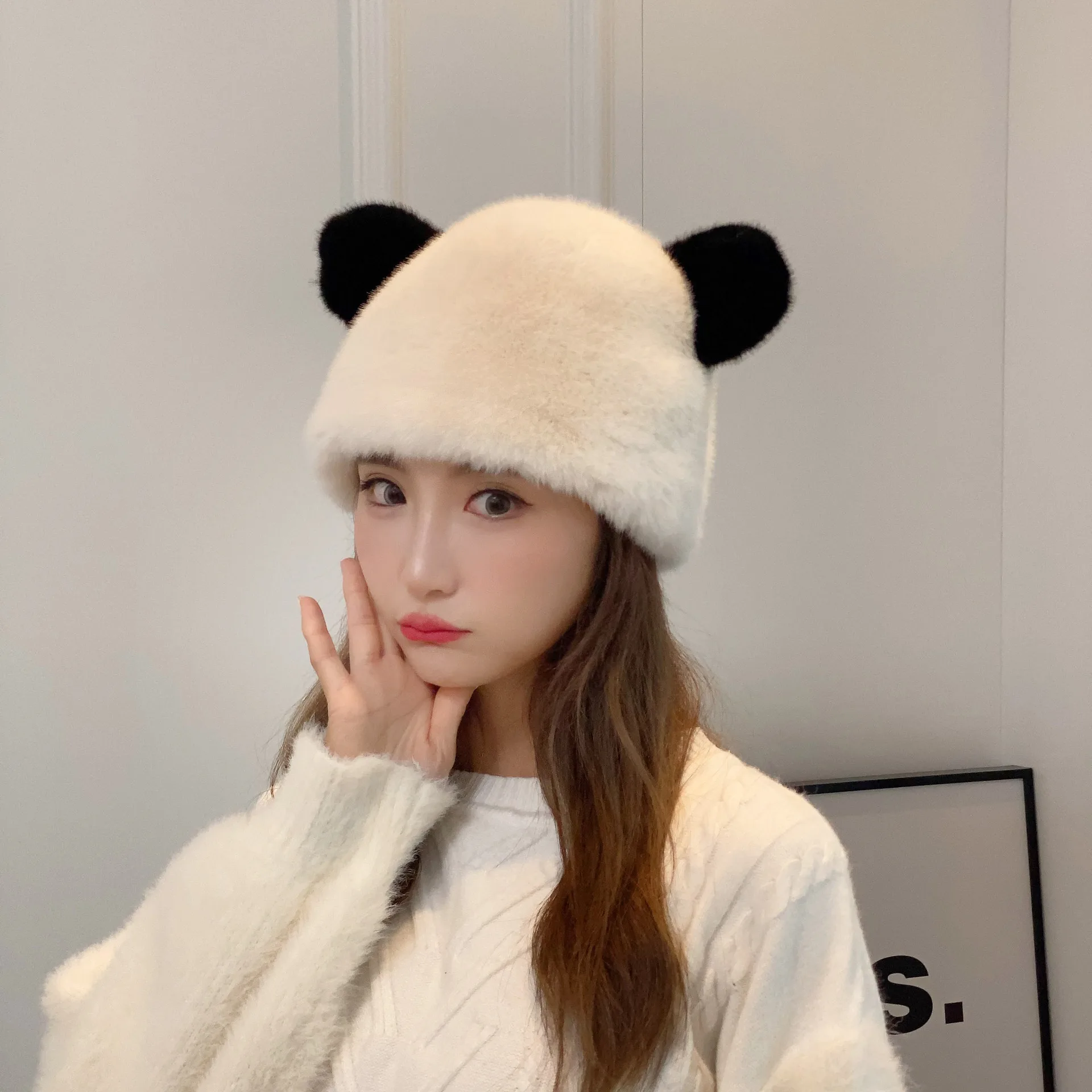 

Plush Bear Ear Hat Solid Color Winter Warm Women's Lightweight Windproof Hoodie