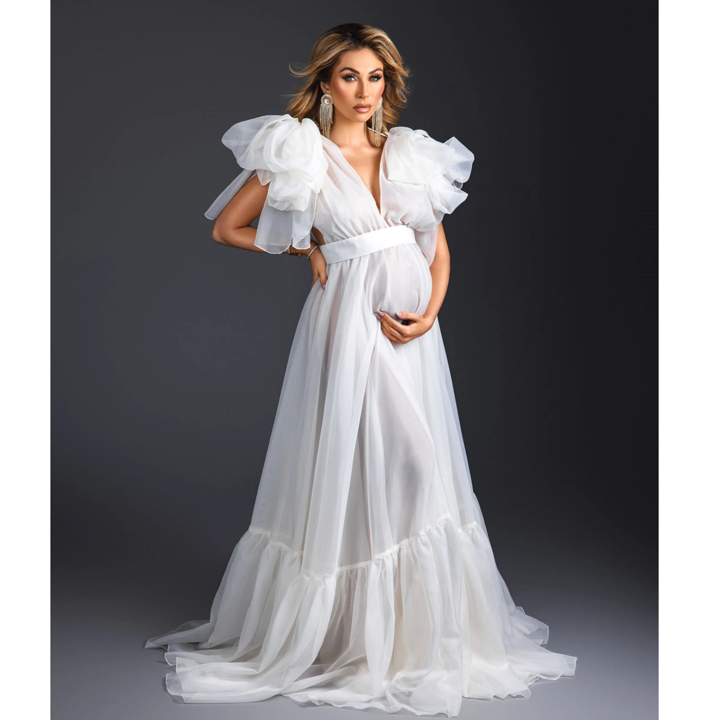

Simple White Maternity Dresses for Women A Line E Neck Tulle Pregnant Gowns Customized Pleats Vestidos de Noche for Babyshower