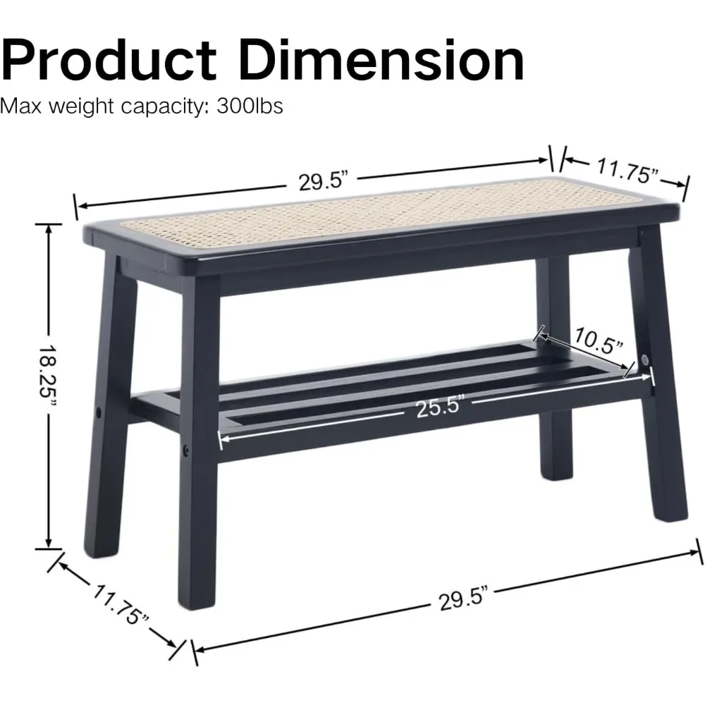 30 Inch Farmhouse Style Rattan Wood Bench with Shoe Storage for Entryway and Dining Area
