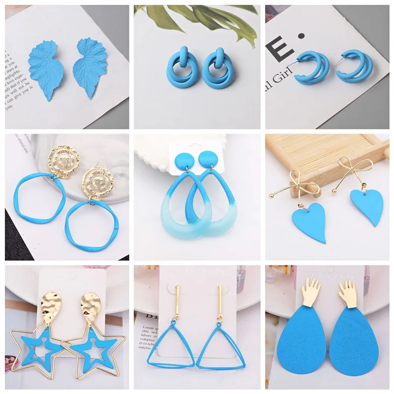 New Blue Color Hanging Earrings for Women Geometric Statement Dangle Earrings Hollow Triangle Pendants Round Earrings Wholesale