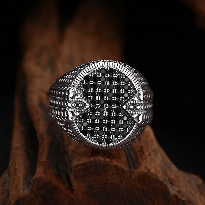 S925 Sterling Silver Black Zircon Adjustable Ring Punk Style Hip Old Process Free Size Fine Jewelry FYRNG113