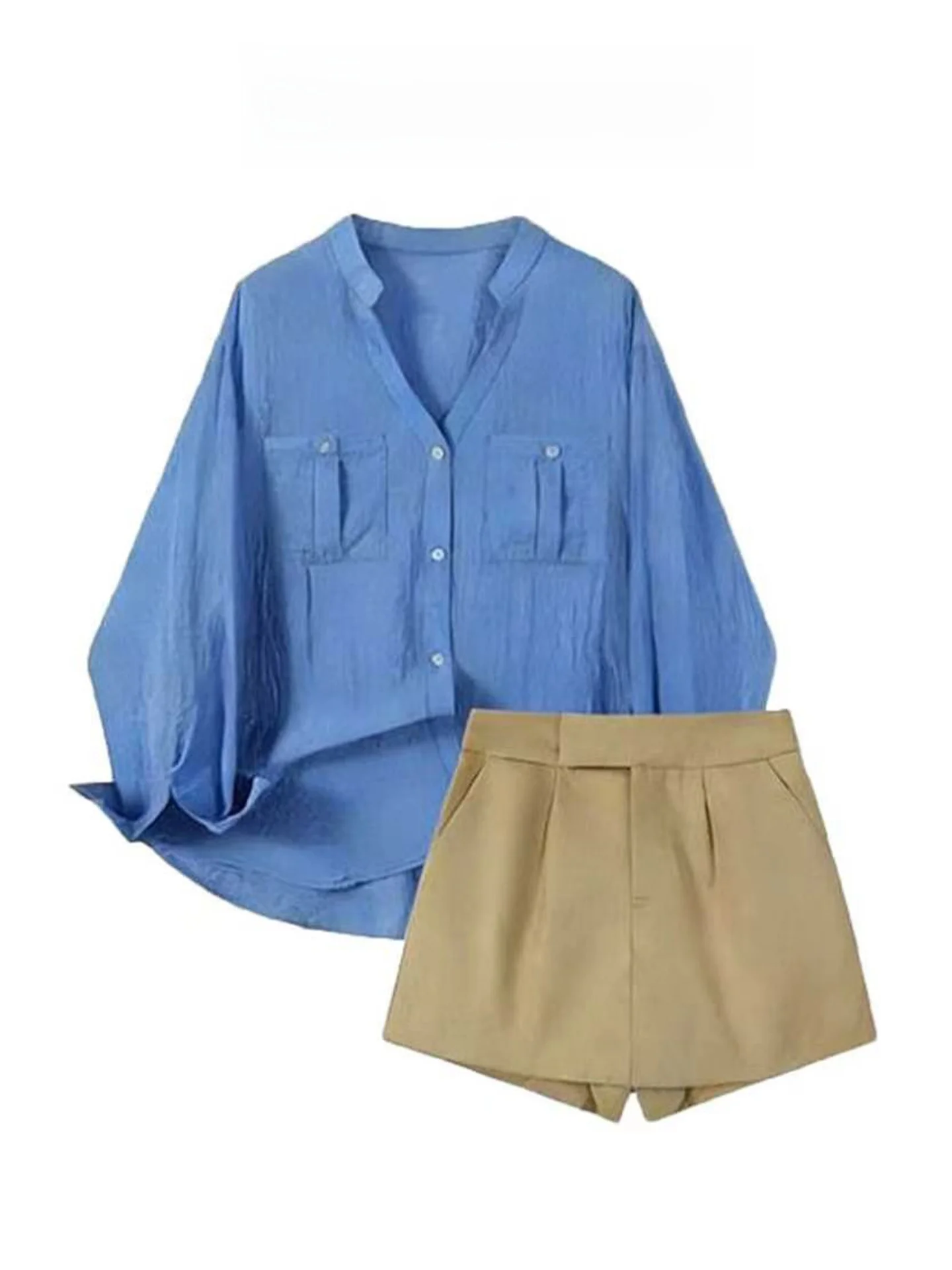Blue Shirt And Short Skirt Two-Piece Set Women's Fashion Korean Style Old Money Trend Autumn Collection High Waist Design