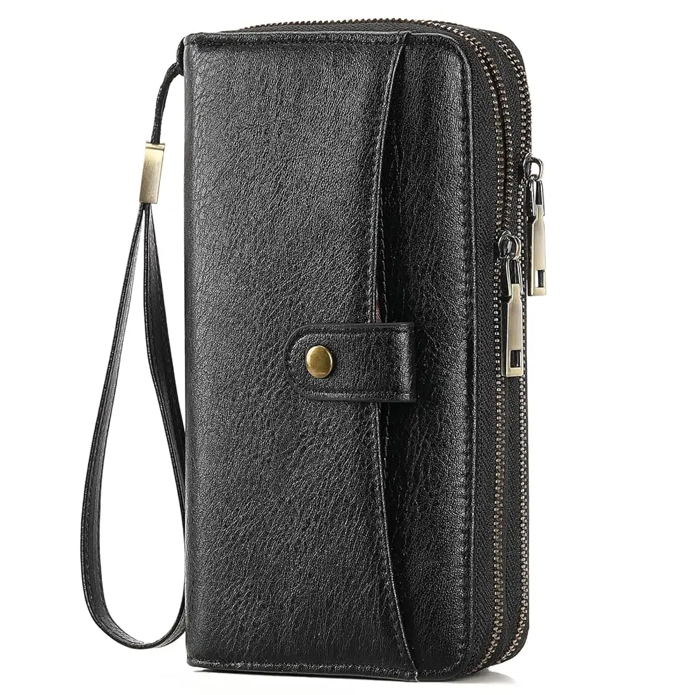 

Free ShippingWomens Wallet Large Capacity Double Zipper Ladies Card Phone Holder RFID Blocking Leather Clutch Wristlet Grip Stra