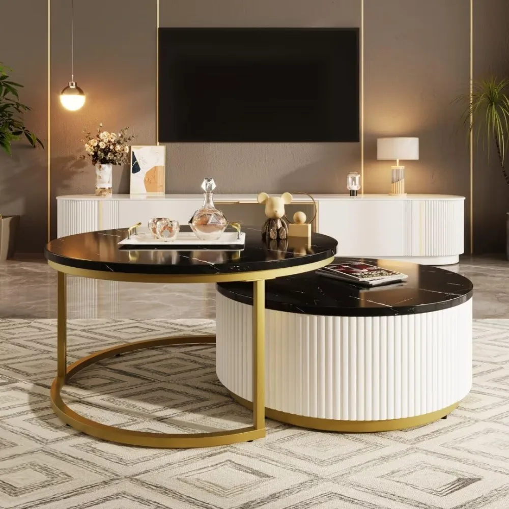 

31.5'' Modern Nesting Round Coffee Table Set of 2,Stackable Accent Cocktail Table Fluted with Drawer, MDF Top, Gold Metal Base