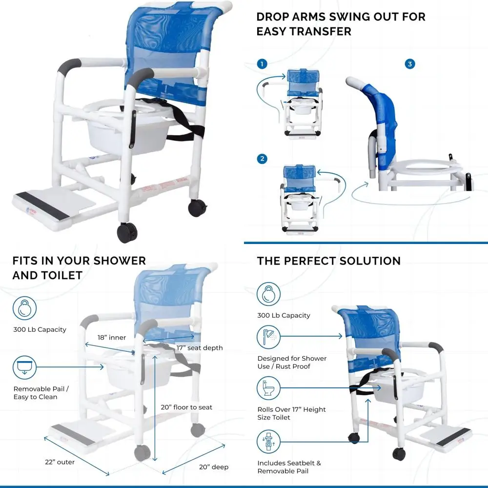 كرسي استحمام قابل للتعديل بأذرع قابلة للطي، ومقعد شبكي، وعجلات دوارة، وحزام أمان، ومسند قدم قابل للتمديد، وطلاء تواليت بوزن 300 لتر