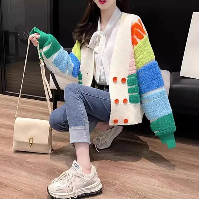 Leisure Korean Loose Internet Celebrity Color Blocked Sweater 2024 Autumn/winter Fashion New Women's Knitted Cardigan Jacket