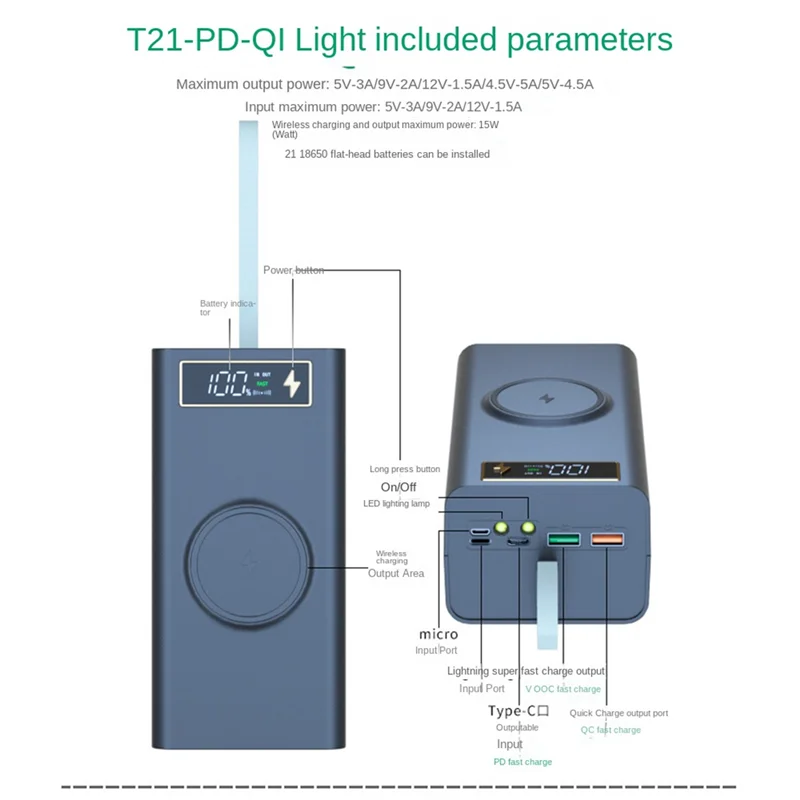 Caja de almacenamiento de batería 21X18650, luz LED PD, carga rápida QC3.0, batería 18650, carcasa para banco de energía, carcasa de 15W, carga inalámbrica A