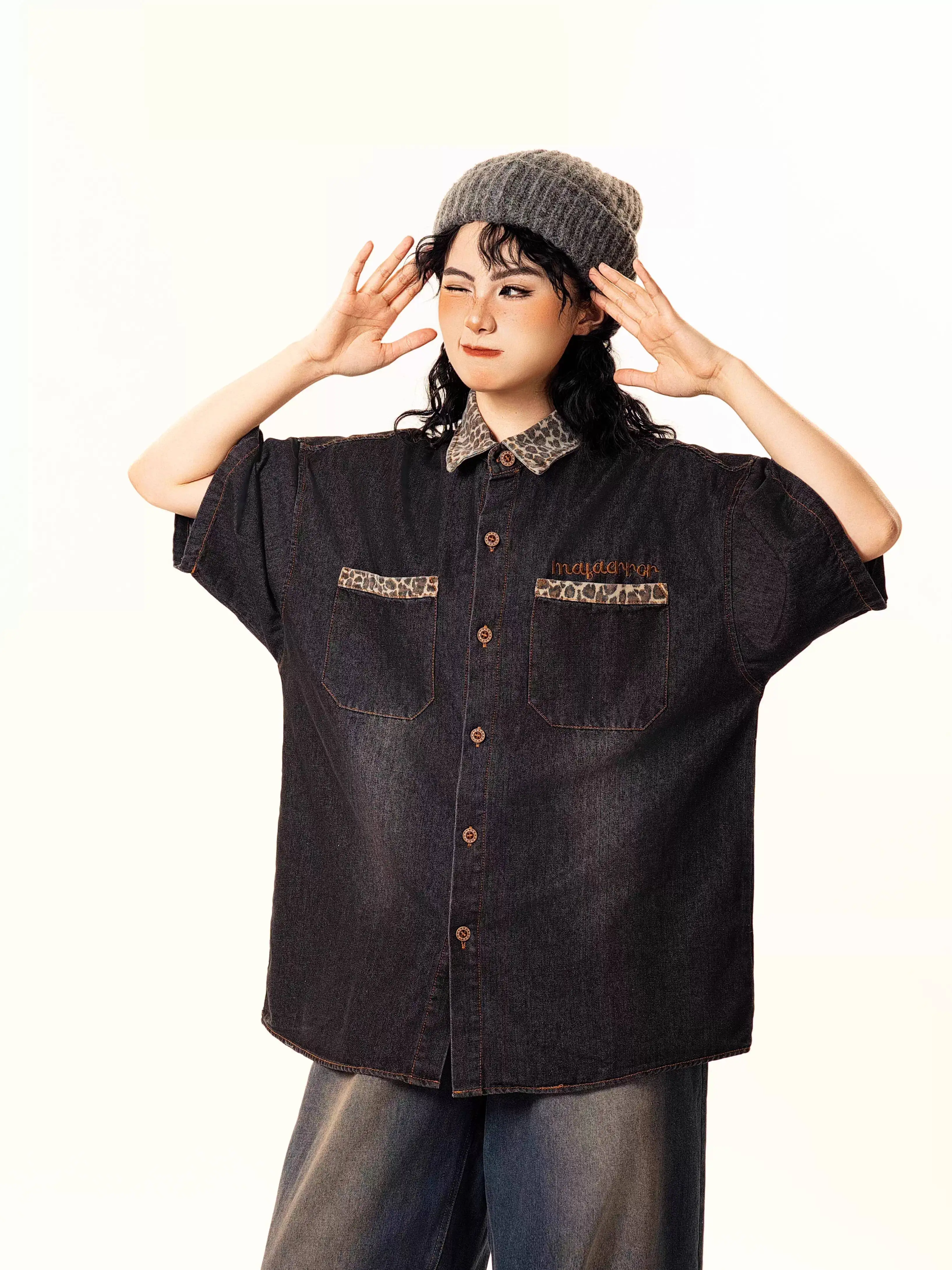 

Unsiex Denim Shirts 2026 Spring Summer Unisex Vintage Leopard Patchwork Denim Short Sleeve Shirt Design Street Casual Outerwear