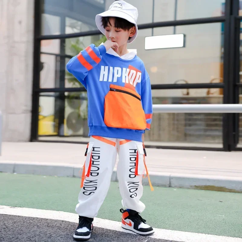 Boys Hip Hop Contrast Hoodies Cargo Pants Clothes Set Girls Patchwork Sweatshirt Street Dance Kids Streetwear Child Jazz Costume