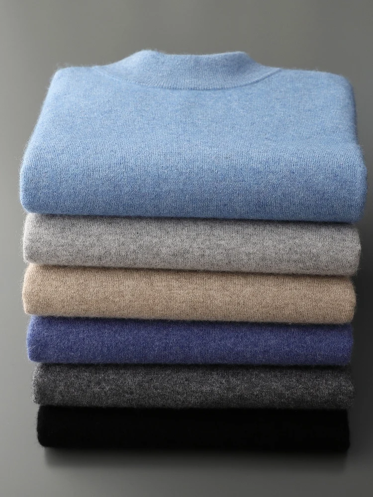 

100% Cashmere Men's Mock-neck Sweater Autumn Winter Warm Solid Cashmere Knitwear Pullover Smart Casual Basic Jumper Clothing