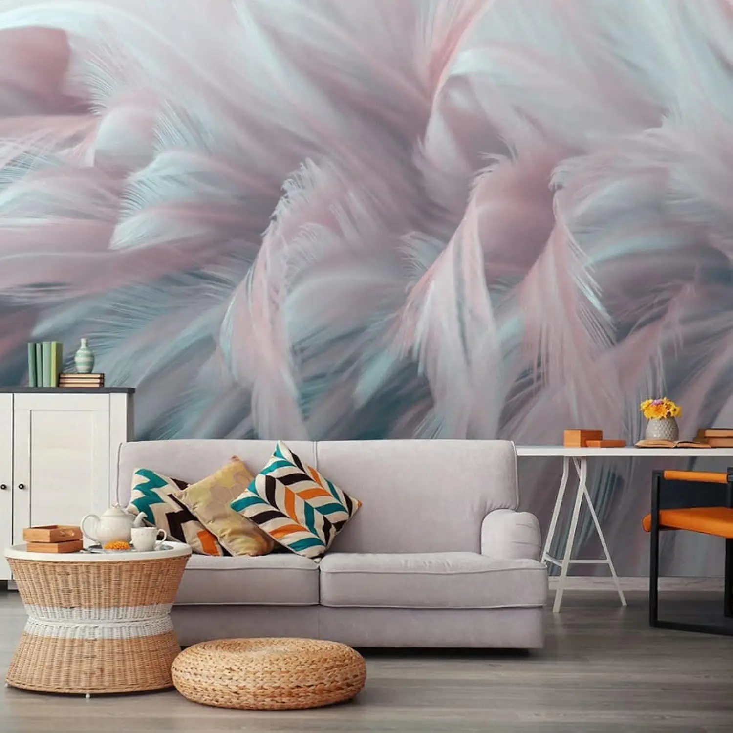 Giant Decorative Feather Tapestry Wall Mural Boho Chic Nursery Room Decor Plumes Aesthetic Pink Blue Gradient Backdrop Accent Ar