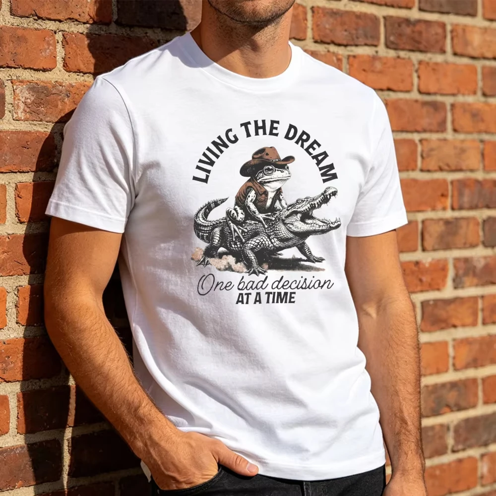 Funny Cowboy Frog Riding Alligator Meme Graphic T Shirt Men Cool Summer O Neck Tee Shirt Sarcastic Humor Streetwear Top