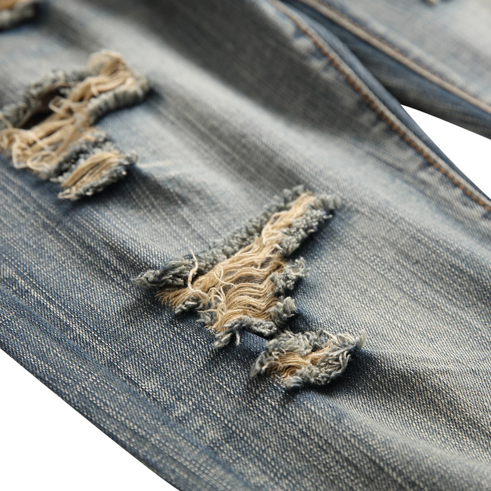 

Men's Slim Fit Hollow Out Straight Leg Jeans Fashion Ripped Mid Rise Denim Pants with Multi Pockets Streetwear