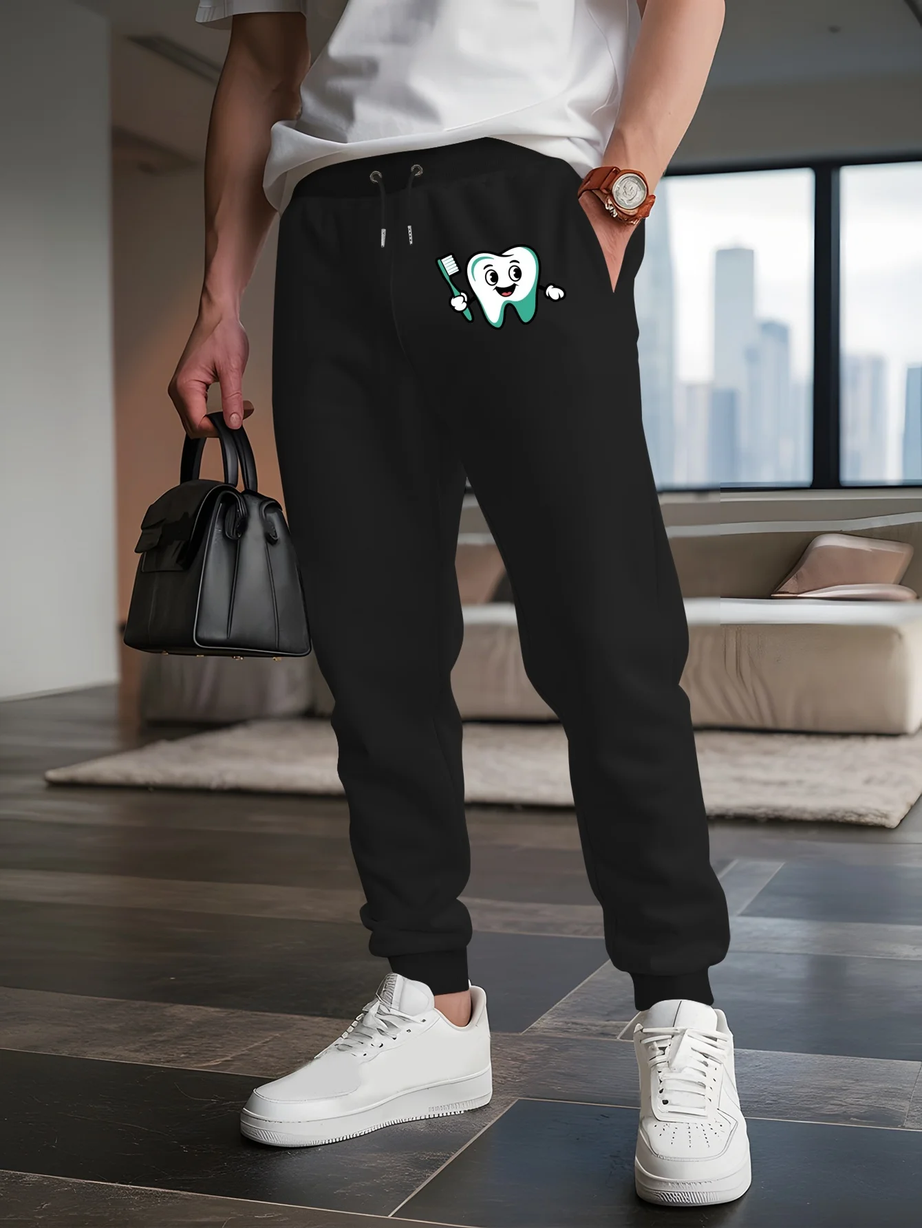 Play‑focused Cheerful Anthropomorphic Dental Character Print Relaxed Sweatpants Men Hip Hop Casual Jogger Pants Fit Wear Gear