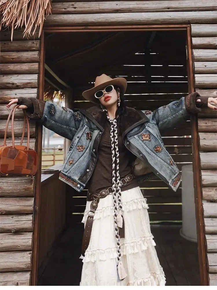 

TIYIHAILEY Winter Women Outerwear Coats Denim PU Leather Jacket Warm Beading Thick High Quality New 2025 Turn Down Collar Fleece