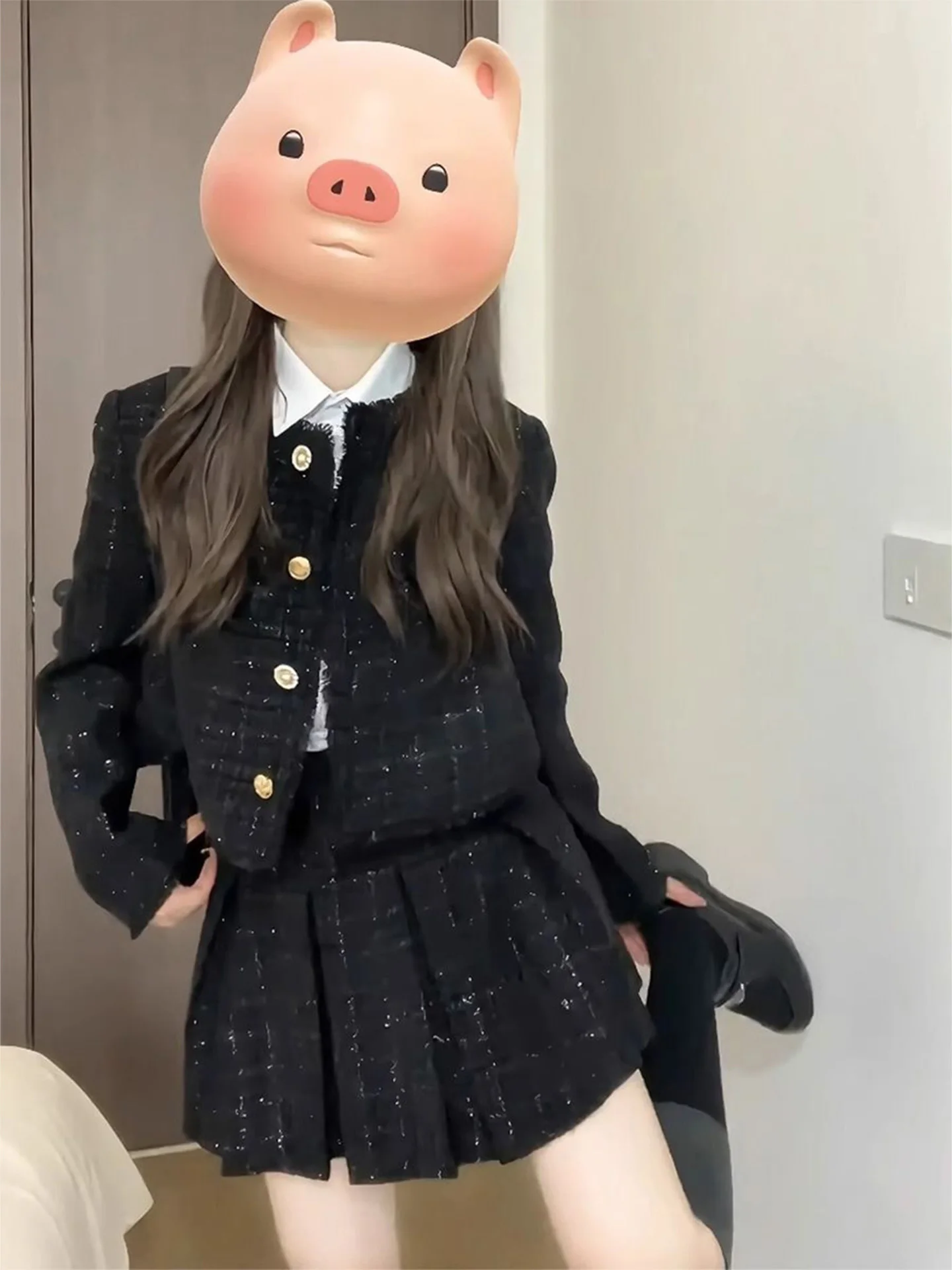 

Rich Girl Sle ort Комплект пальто и юбки Женский модный осенний наряд Длинный свек на пуговицах круглый Ne Commute Sle