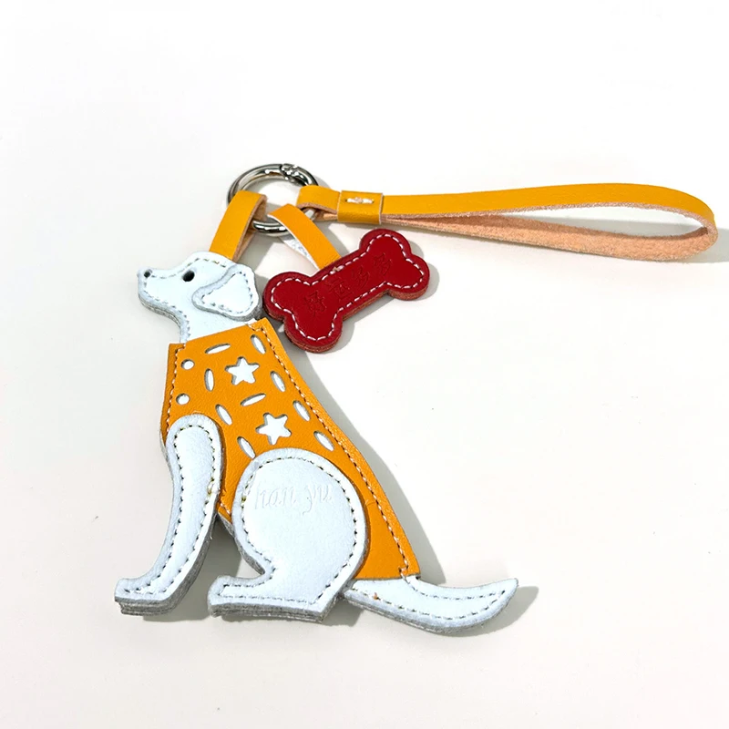 Cute Genuine Leather Sheepdog Bag Charm Color-block Star & Braided Cord Keychain Adorable Gift Accessory Pendant