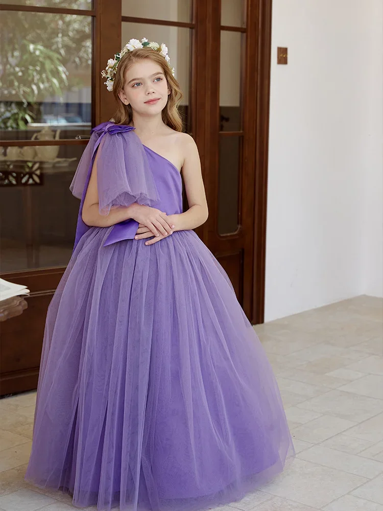 Sukienka dla dziewczynki na wesele, tiulowa, z koralikami, na jedno ramię, z kokardą, do ziemi, sukienka księżniczki, sukienki na przyjęcie urodzinowe dla dzieci, szyte na miarę.