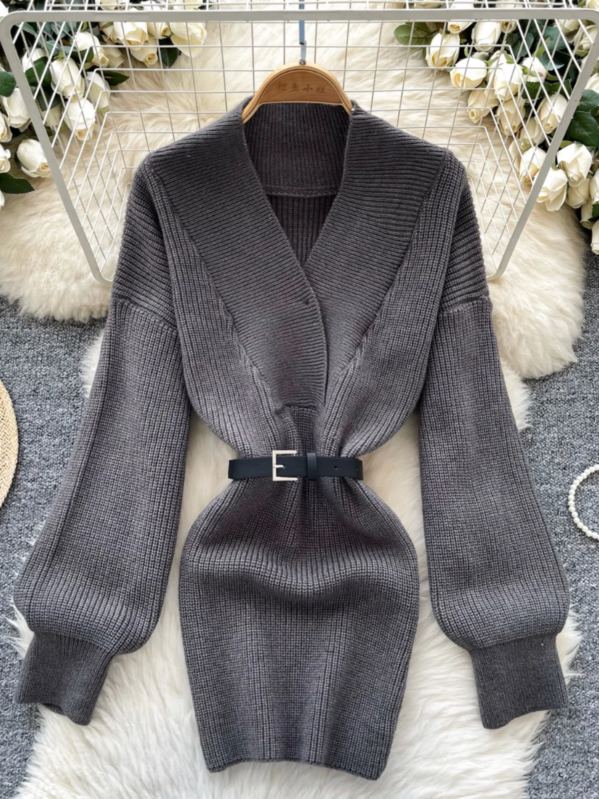 

Sexy V-Neck Lantern Sleeve Waist-Cinching Belted Bodycon Knit Dress Women's Autumn Winter Inner Wear High Waist A-Line Dress