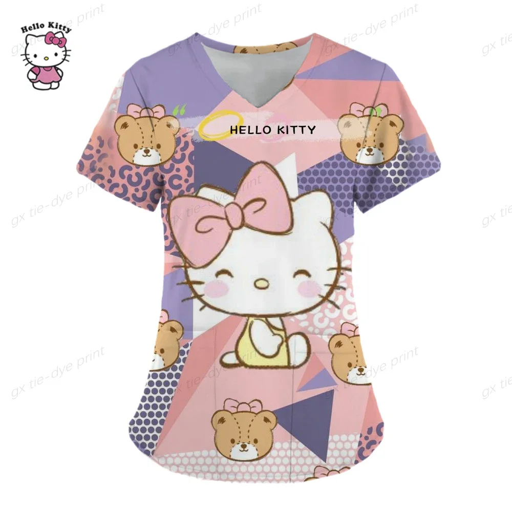 Women 2023 Uniform T-shirt Hello Kitty T-shirts Nurse Uniform Pocket Hello Kitty V Neck Woman Clothes Tops Hospital Top