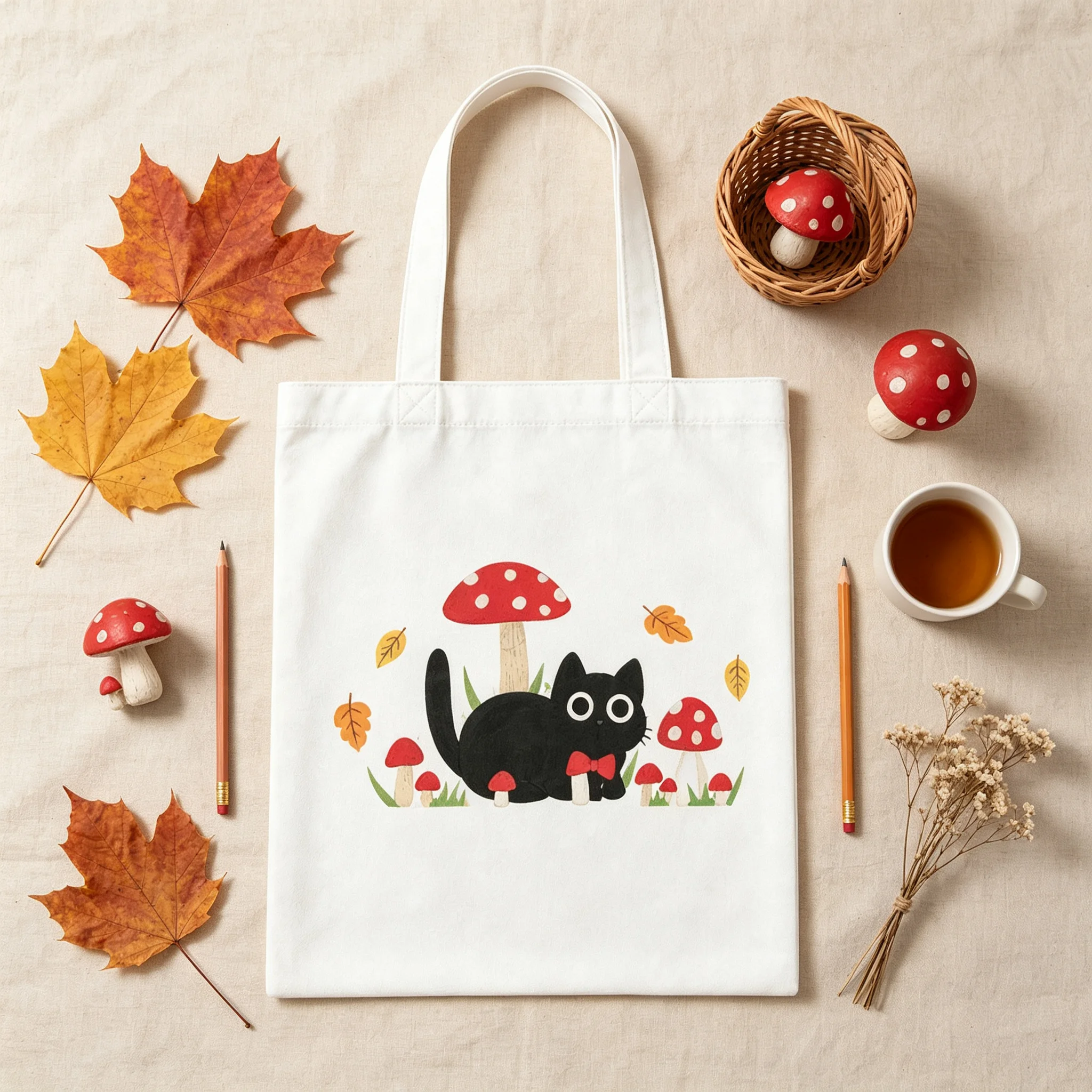 Cute Bow‑tie Black Cat Red Agaric Mushroom Autumn Leaves Cottagecore Canvas Tote Bag Reusable Cotton Shopping Shoulder Handbag