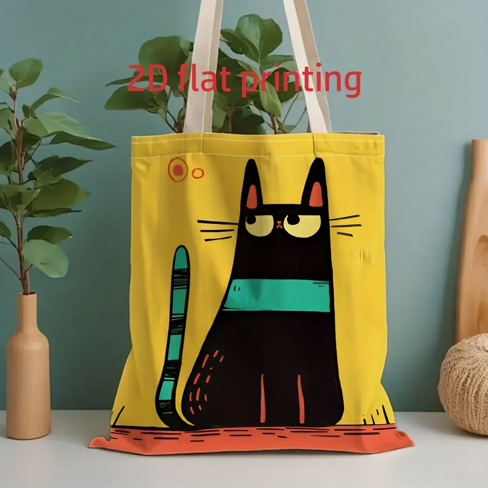 Shopping Bags Canvas Printing Cool and Stylish Black Cat Cartoon-Style Canvas Shoulder Bag Lightweight Foldable Storage Shopping