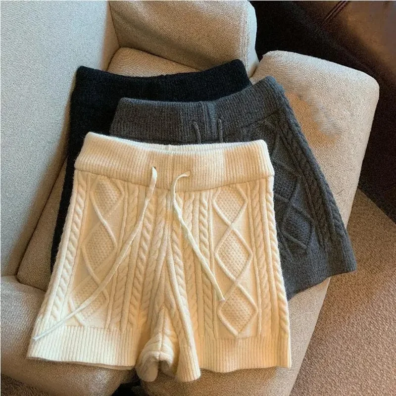 

Модные повседневные теплые вязаные шорты с высокой талией на шнурке, черные женские брюки Cortos De Mujer, осень в стиле Харадзюку