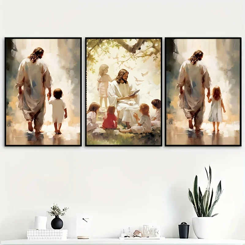 （3PCS NOFrame）-3pcs Frameless Canvas Wall Art Set - Jesus with Children Educational Posters, Spiritual Decor for Bedroom, Liv
