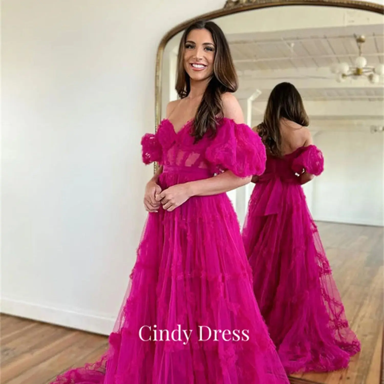 

Cindy Puff Sleeves Rose Red Sweetheart Long Tail Robe Soiree De Luxe 2024 International Dresses Ball Gowns Formal Dress Evening