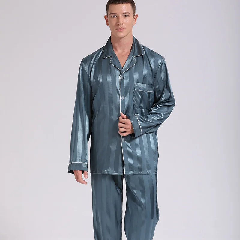 

Eurocode Men Turn-Down Collar Jacquard Satin Long Sleeve Shirt Pants Sleepwear Pajama Nightwear Male 2 Pieces Sets Homewear