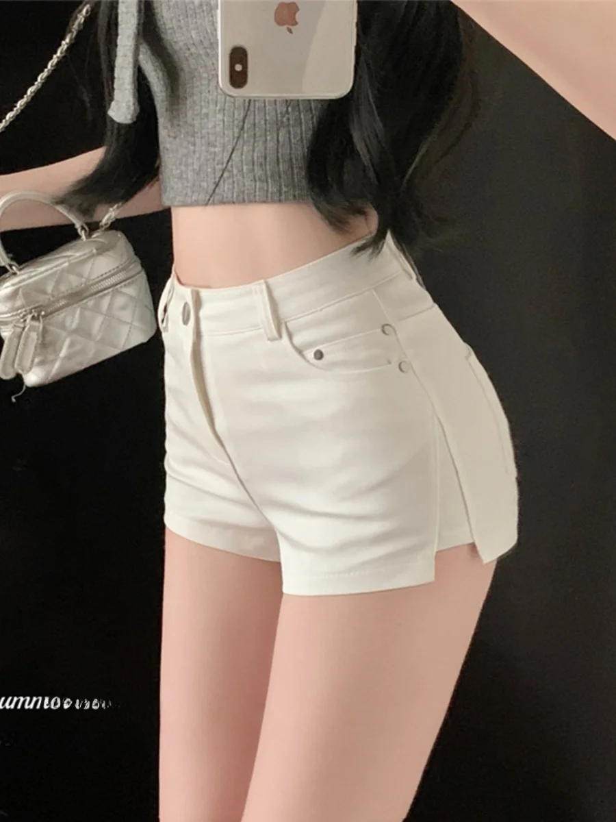 High Waist Slim Fit Casual Pants Side Slit Elastic Women's Jeans Short Shorts Trendy Straight Leg Hot Pants Summer Wear