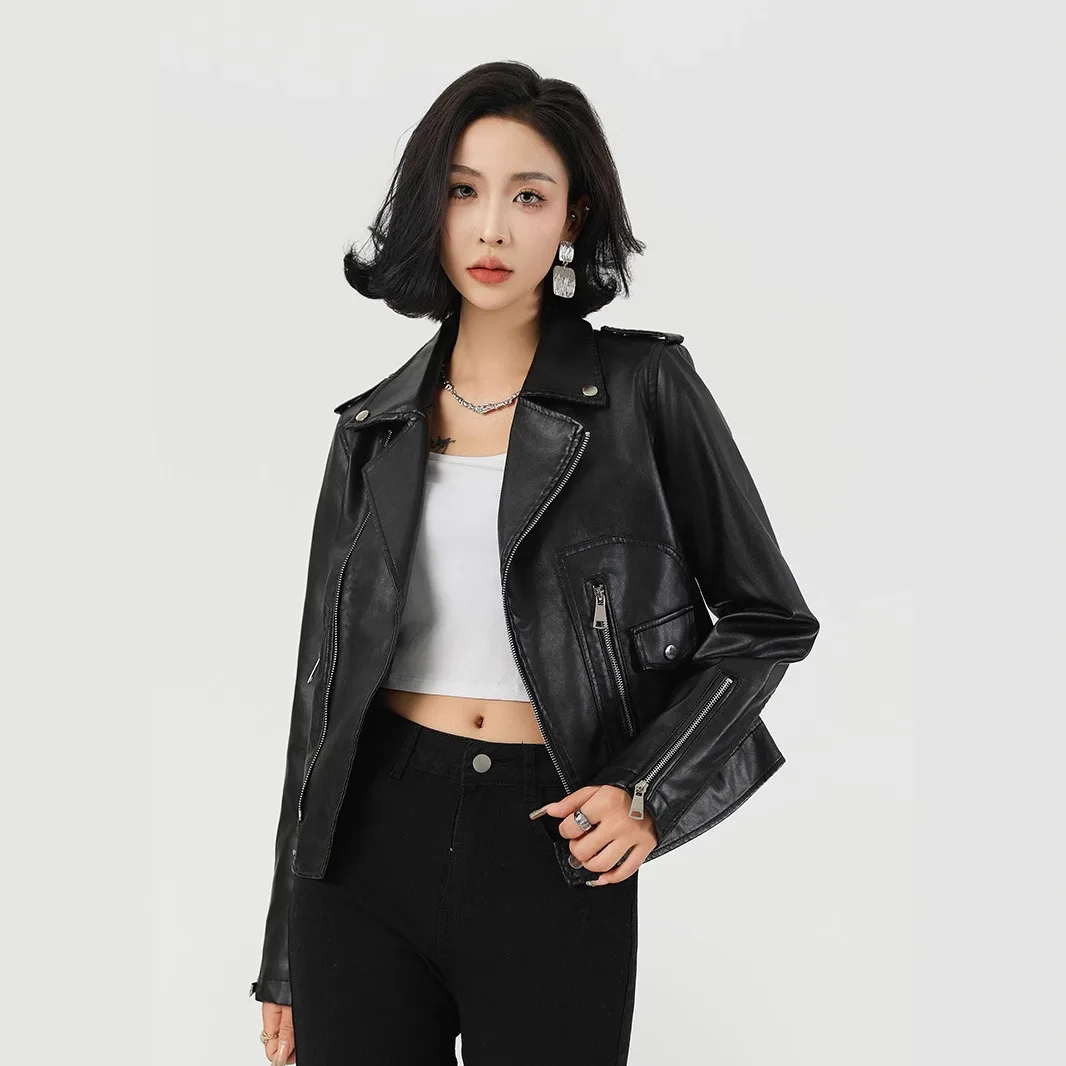 Frühling PU Leder Biker Jacke Frauen Kurze Abgeschnitten Mantel Slim Fit Drehen Unten Kragen Mode Streetwear PU-065