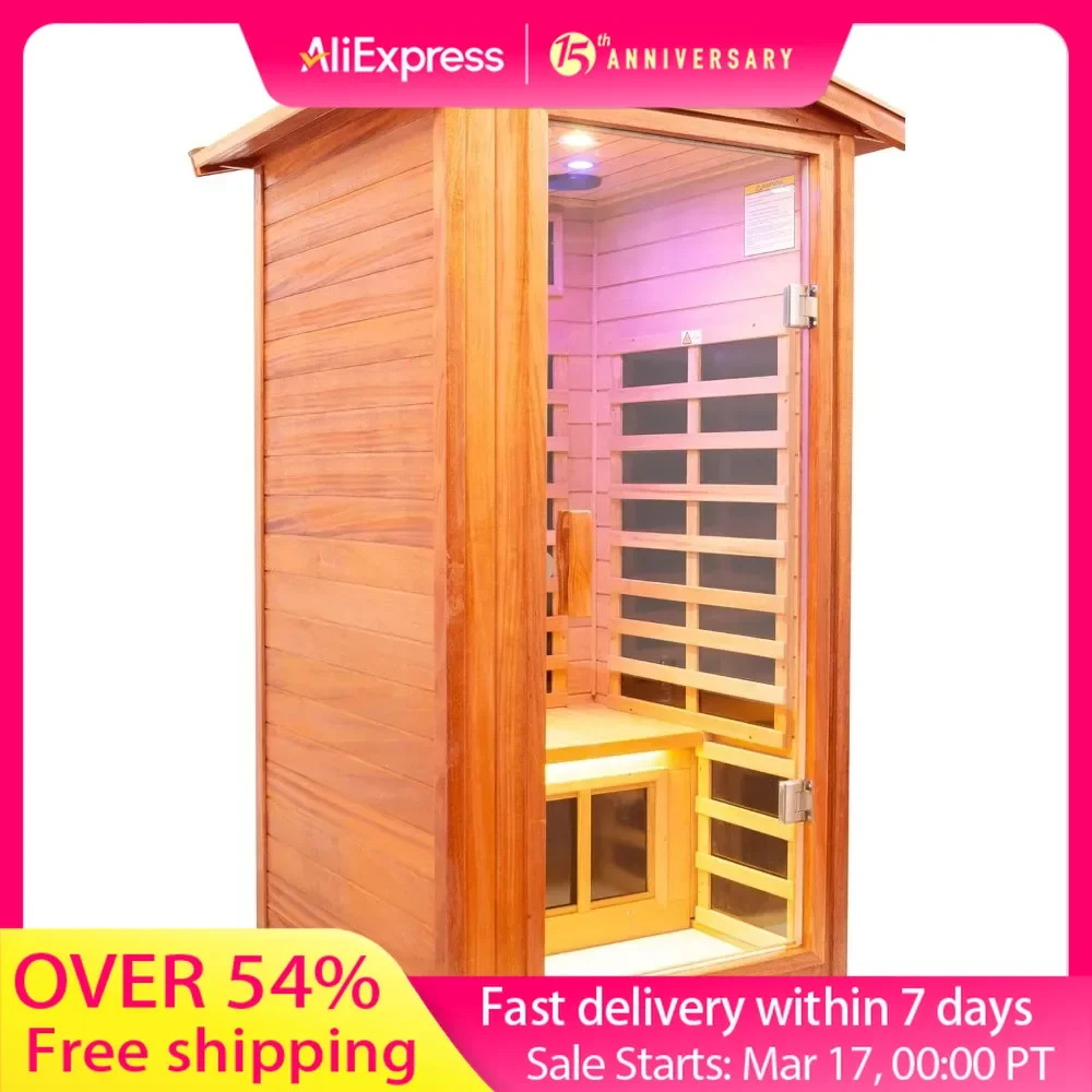 Outdoor Mahogany Sauna 1 Person, Low EMF Far Infrared Sauna for Home, Withstand Outdoor Temp -10℉-149℉, Bluetooth Speaker