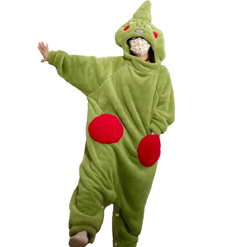 Winter Kigurumi Onesie Cute and Funny Green Cartoon Animal One-piece Pajamas Flannel Jumpsuit Fashion Women Couple Nightwear Men