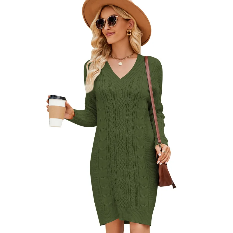 Women's Knitwear Sweater 2023 Autumn And Winter New Solid Color V-Neck Long Fashion Temperament Twisted Flower Dress