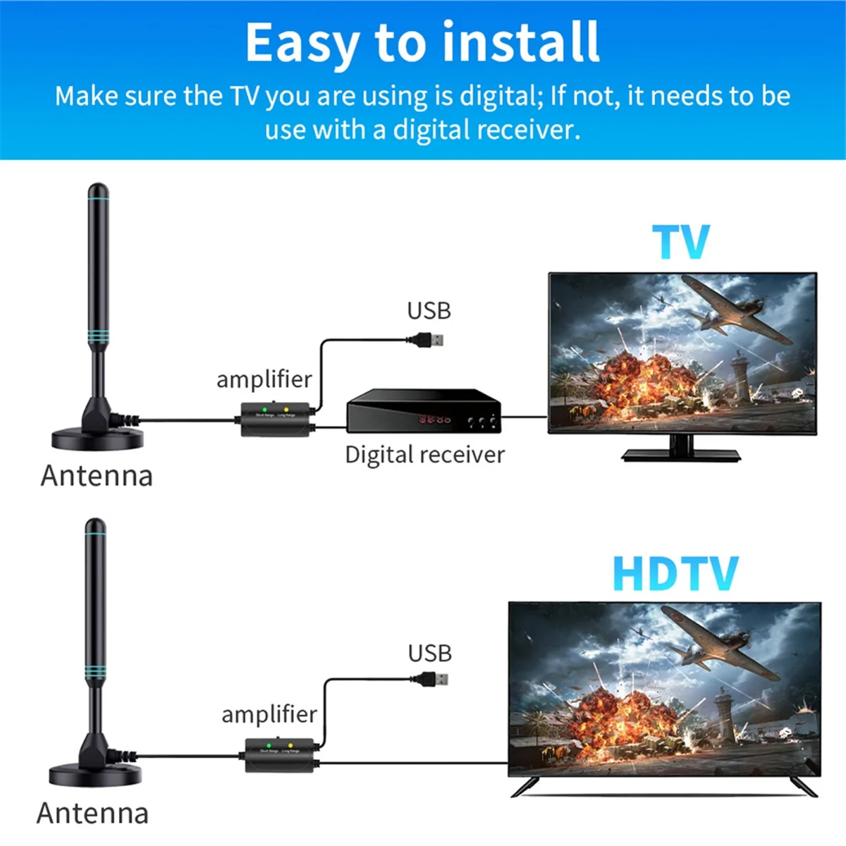 ABLD Column High-Definition Digital TV Antenna Indoor and Outdoor Universal Amplifier with Switch Adjustable UHF TV Antenna