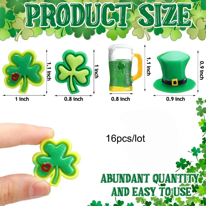 16 Pcs St. Patricks Day Mini Resin Decorations DIY Crafting Lucky Irish Clover Flatback Embellishment Hairpin Phone Home Decor