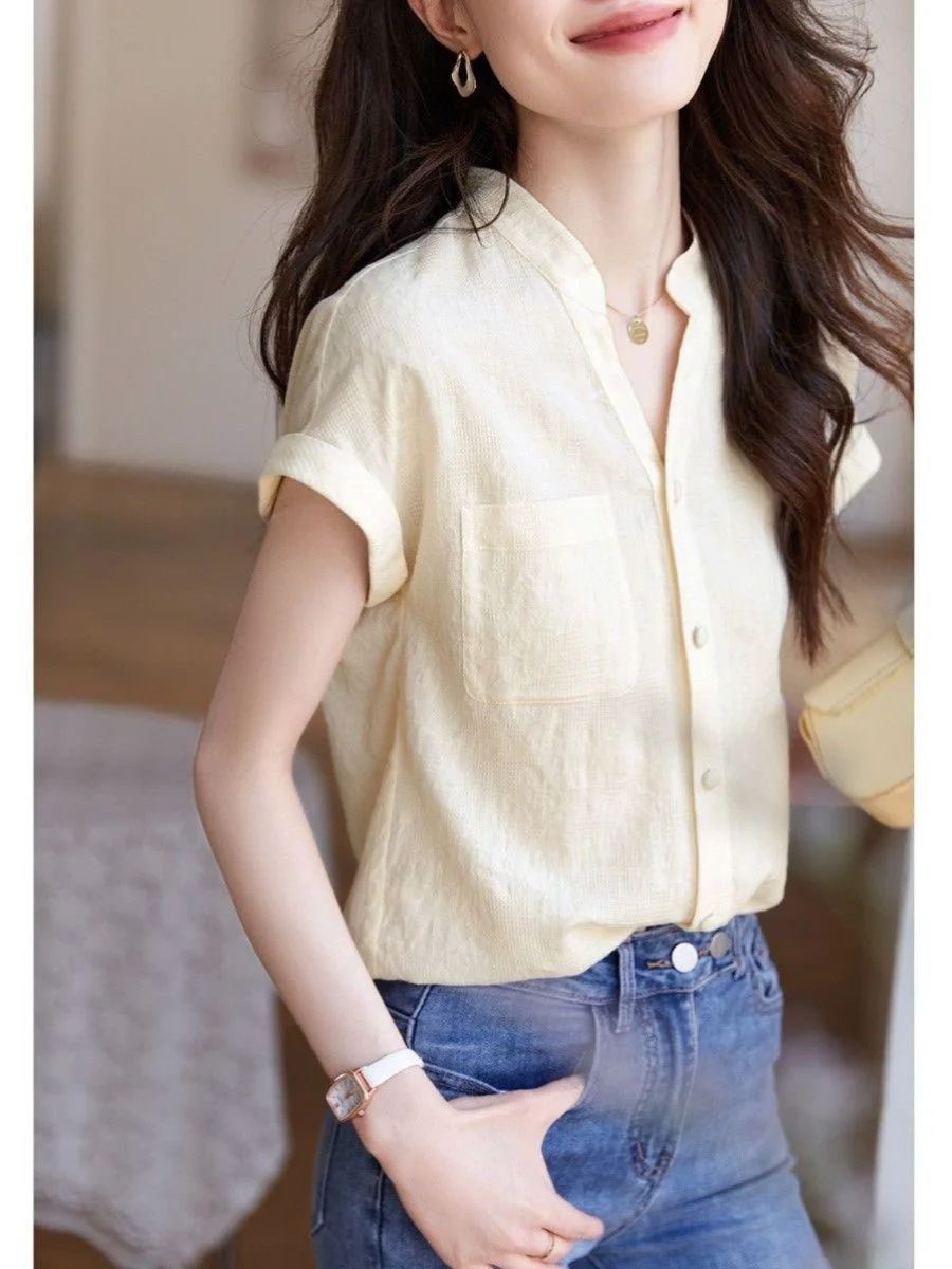 Camisa de Lino y Algodón Estampada de Marca de Manga Corta para Mujer, Estilo Verano, Línea de Hombro, Tienda Outlet, Delgada, Fácil Cuidado, Defo