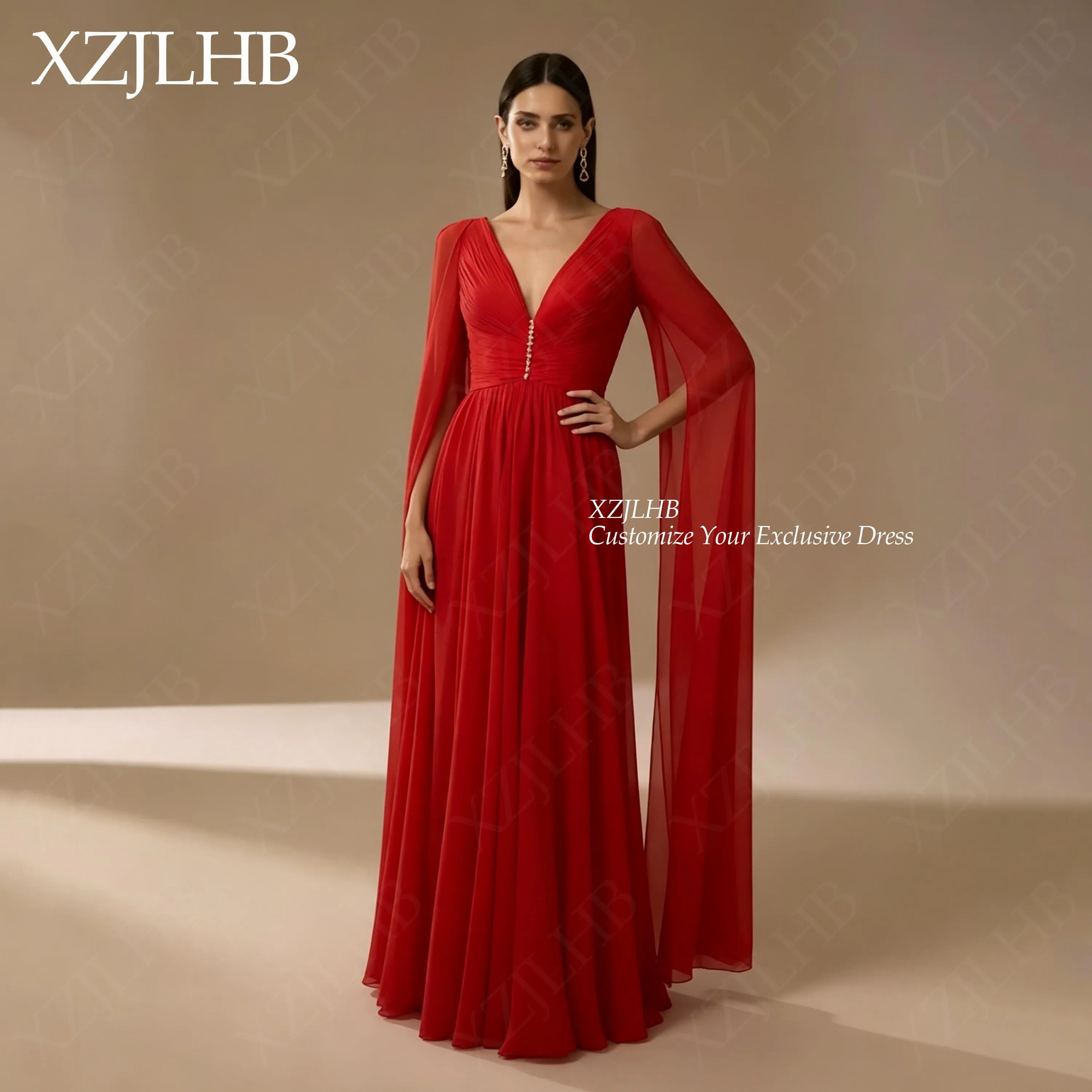 XZJLHB Chiffon Deep-V Customized Prom Gowns Flutter Sleeves Open Back Vestido De Femenine Elegant A-Line Evening Dresses