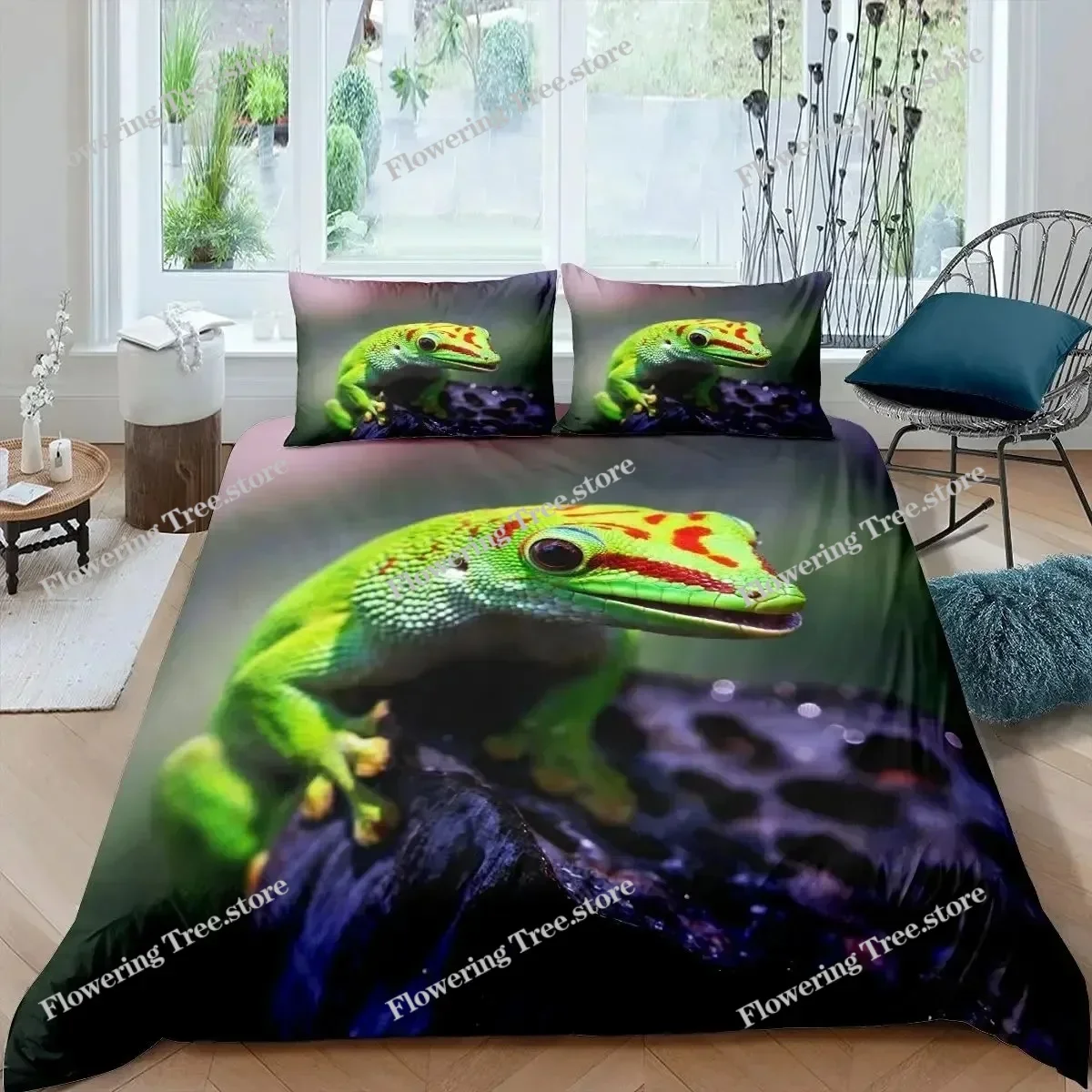Chameleon Duvet Cover Set 3D Wild Animal Theme Twin Bedding Set Wildlife Comforter Cover Boys Green Leaf Polyester Quilt Cover