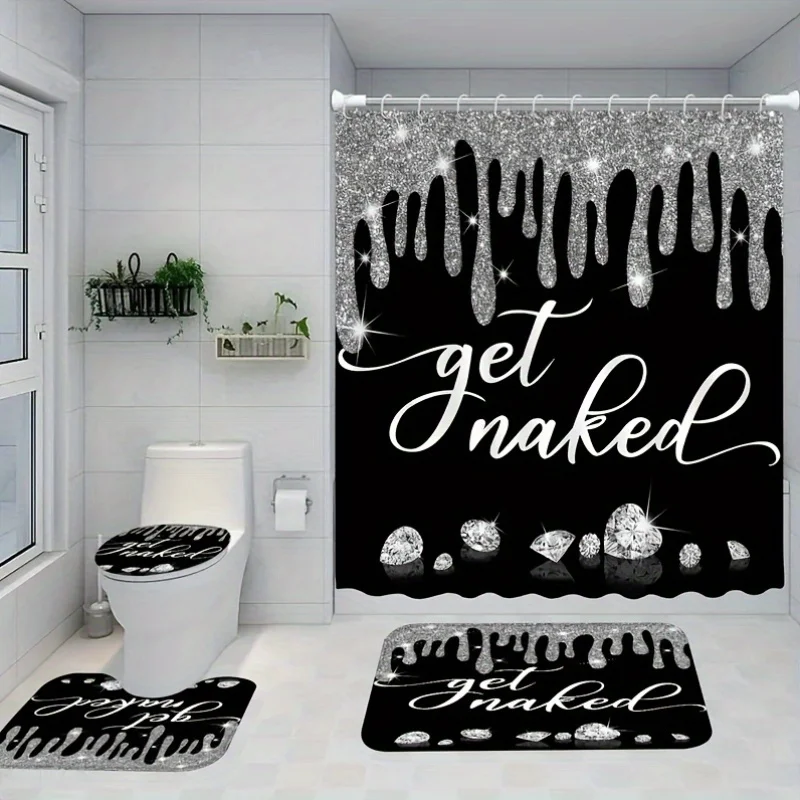 Get Naked 1/4-Piece Bathroom Set, Black Shower Curtain with Glitter Drip & Sparkling Diamonds view 3