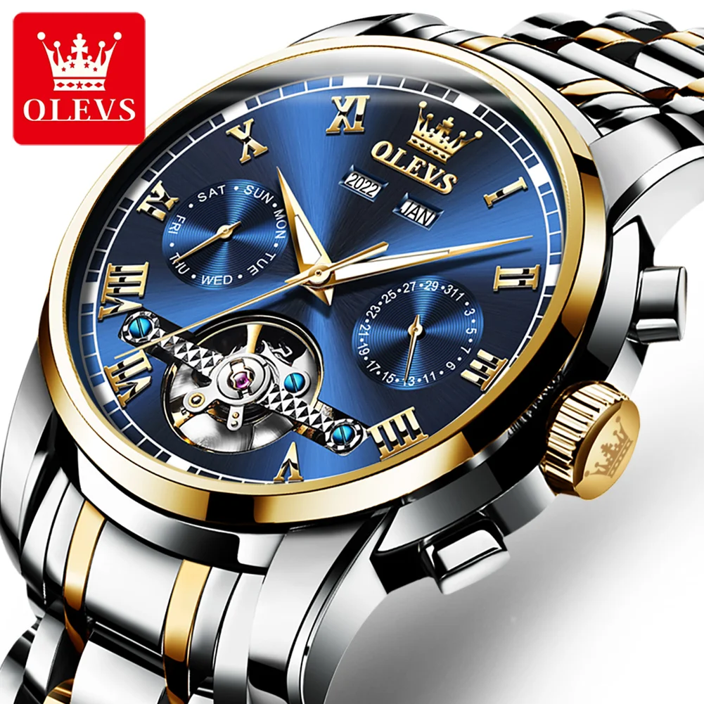 Original OLEVS Automatic Watch for Men Date Calendar Skeleton Hollow Stainless Steel Business Wristwatch Men Mechanical Watch