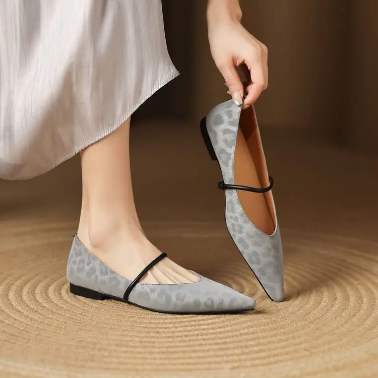 Women's Leather Mary Jane Flats - Leopard Print Peep Toe