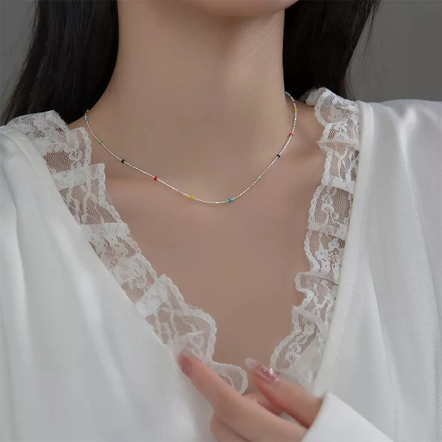 Naszyjnik ze srebra próby 925, tęczowa kula dla kobiet Modny naszyjnik ułożony na Korea Prosty łańcuszek do obroży Wykwintna biżuteria