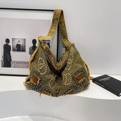 Large capacity casual tote bag women denim shoulder bag large crossbody bag rivet bag