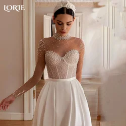 LORIE Vintage Pearls Wedding Dress High Collar Long Sleeve A-line Bridal Gown Sweetheart Princess Ball Bride Dress Customized
