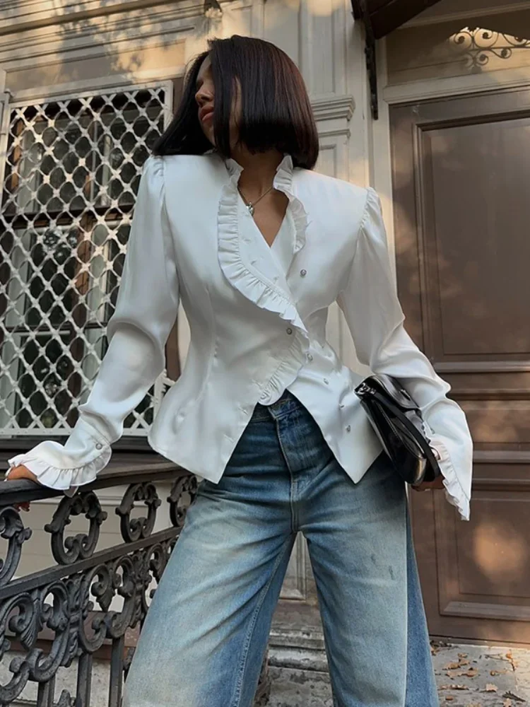 2025 Chic White Ruffled V Neck Split Women's Blouse Fashion Flare Sleeve Single Breasted Shirts Lady Spring Commute Street Top