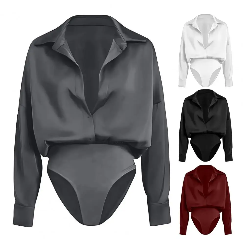 

New Fashion Elegant Long Sleeve Cotton OL Body Shirt Office Ladies Bodysuit Button Design Dark Blue White Red S-2XL Large Size